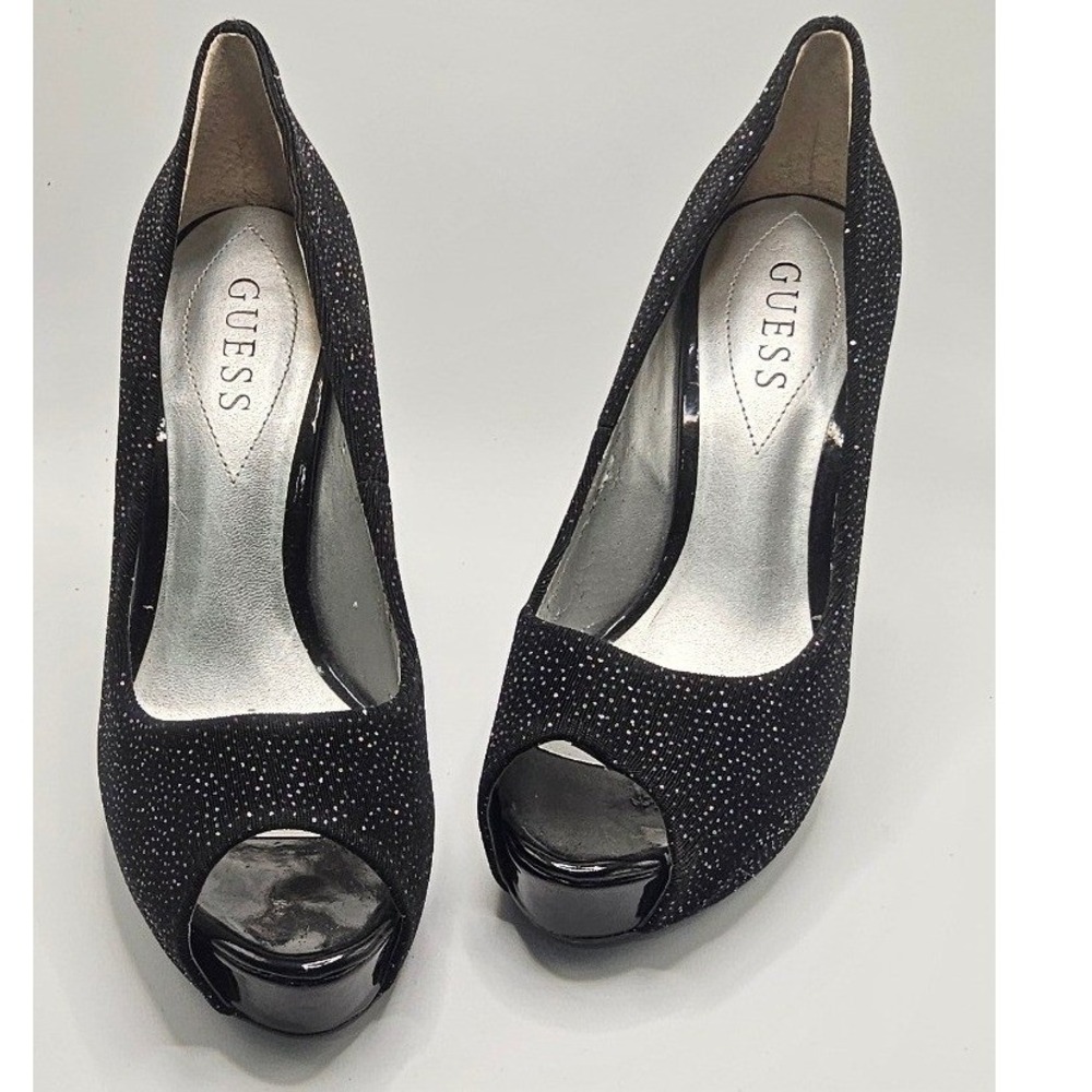 GUESS Peep Toe Platform Pumps 6.5M Black Glitter Stiletto Heels
